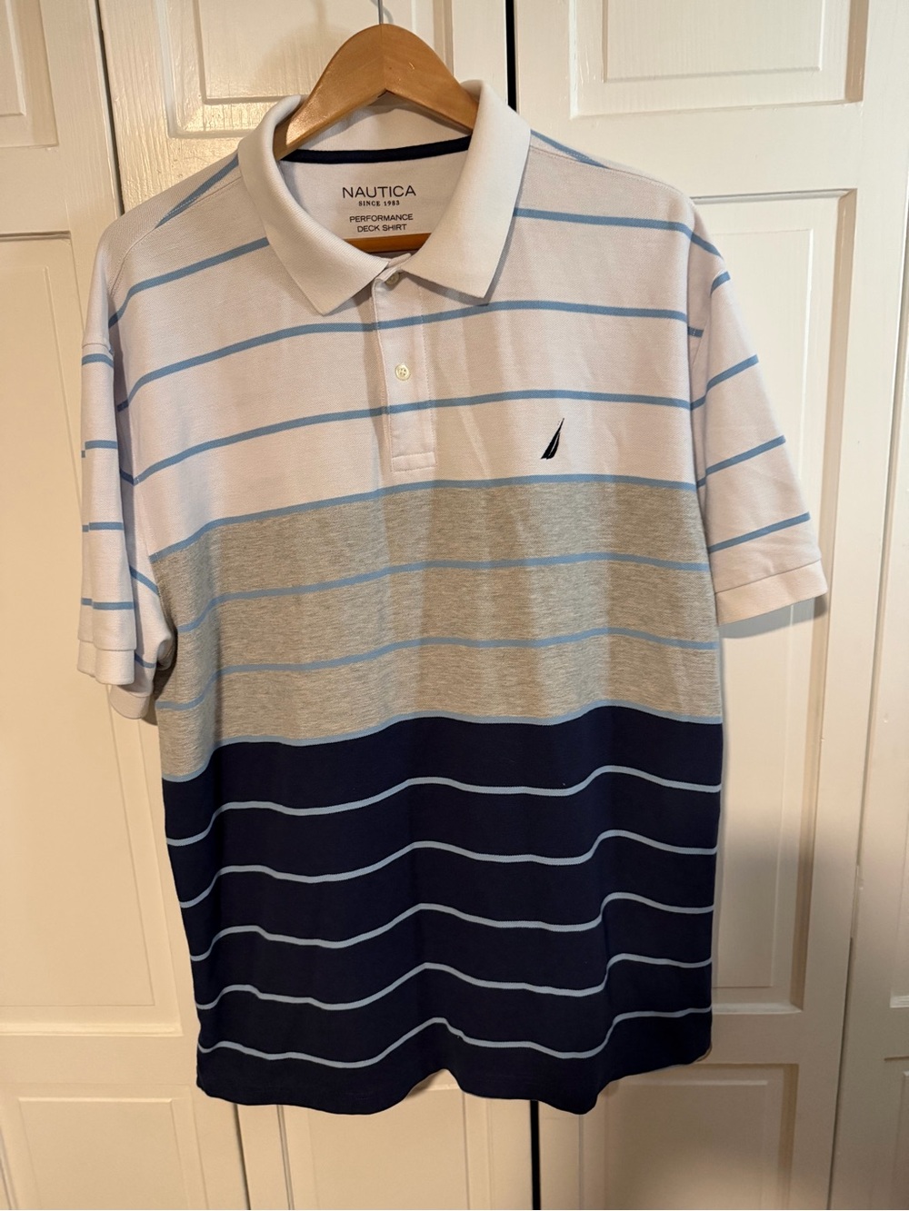 Nautica Performance Deck Shirt Mens XXL Polo Colorblock Striped Navy Gray Blue